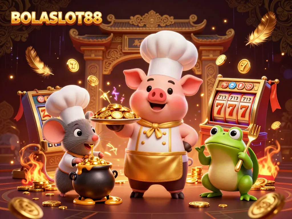 BOLASLOT88 highlights a 3D cartoon scene with pig chef and golden coins in a dynamic casino setting.