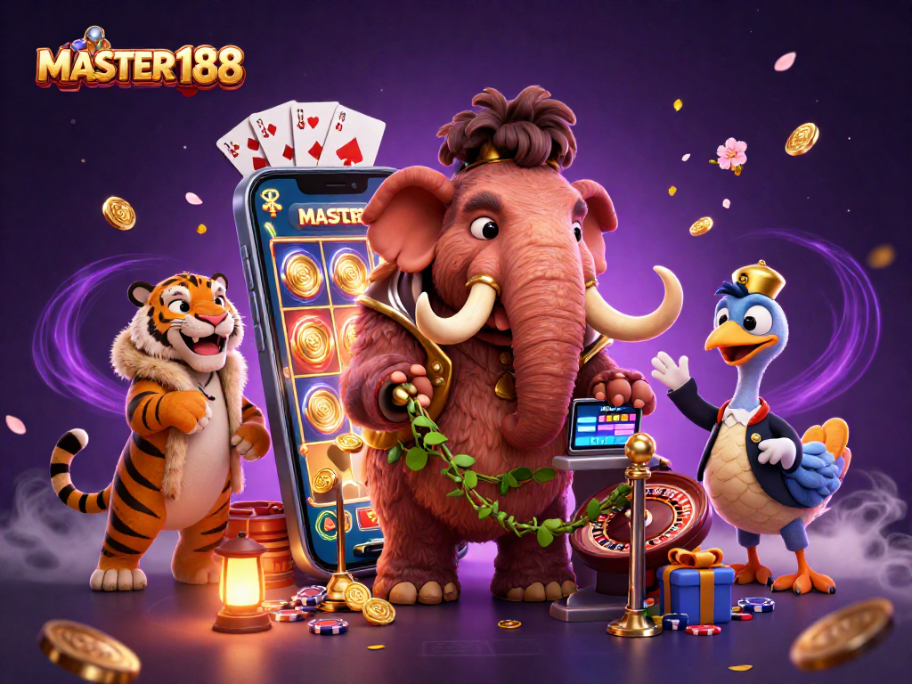 Engage with MASTER188's thrilling casino experience featuring vibrant characters and gambling elements.