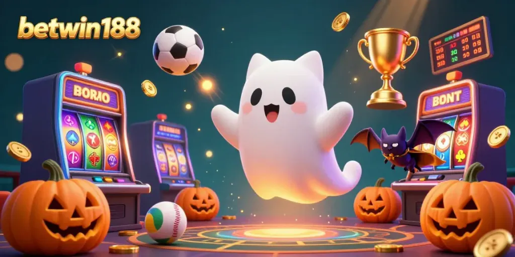 Engage with betwin188 in an ultra-detailed 3D casino scene featuring a ghost cat and vibrant game elements.