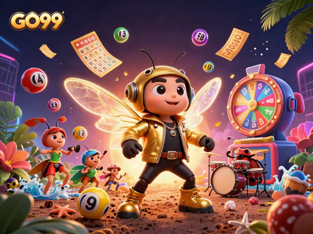 Experience thrilling gambling action with GO99 in a vibrant 3D casino illustration filled with exciting elements.