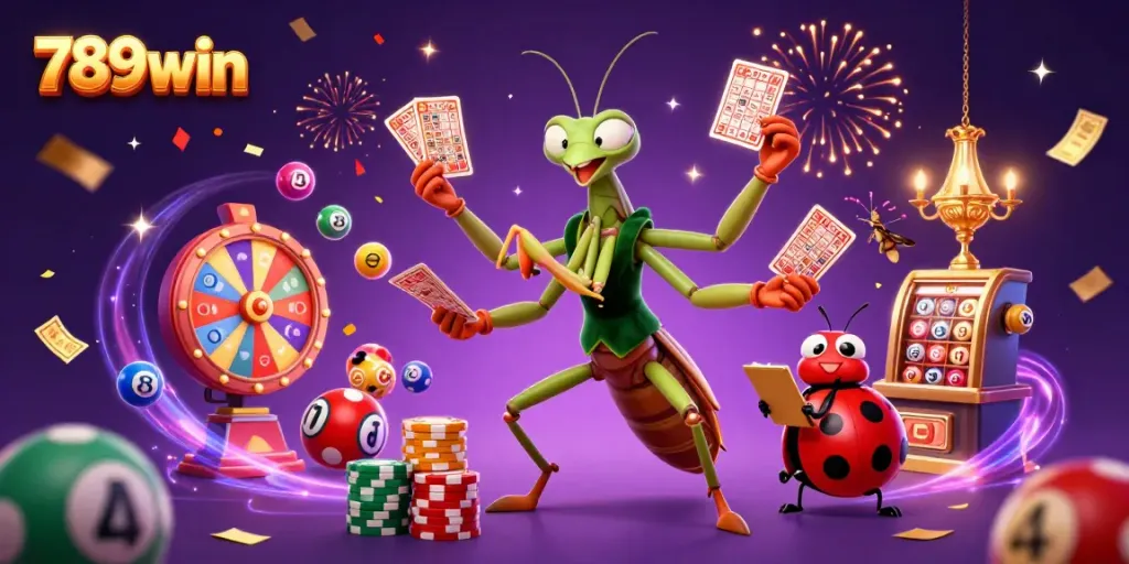 Experience the lively casino atmosphere with 789win, featuring a giant mantis card sharp and ladybug pit boss.