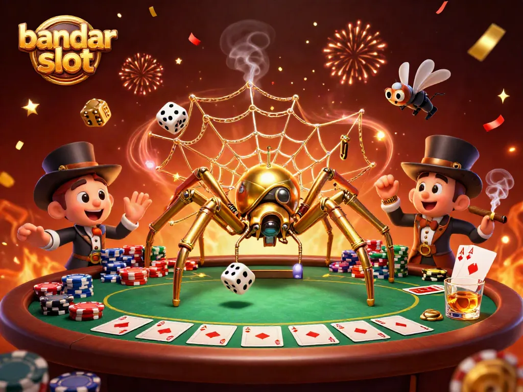 Mengungkap kehebohan bandar slot dengan ilustrasi 3D detail yang memukau, menampilkan karakter unik dan elemen judi.
