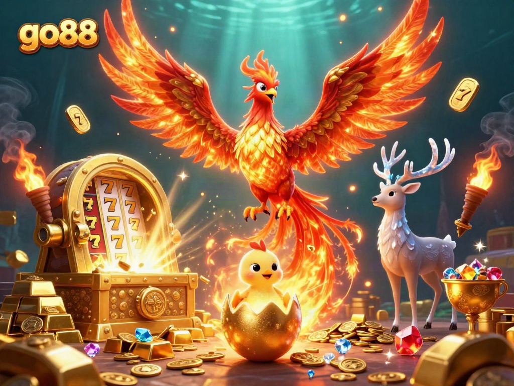 Experience thrilling wins with go88, featuring vibrant cartoon characters and rich slot elements.