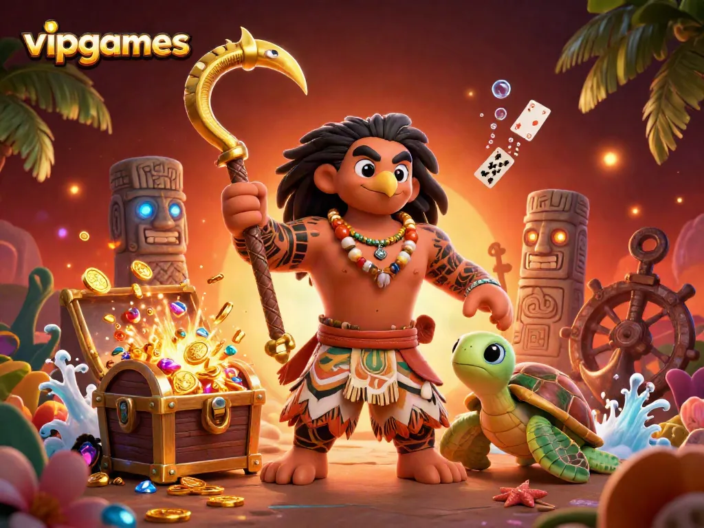 Experience exhilarating gameplay with vipgames featuring a cartoon demigod amidst casino elements.