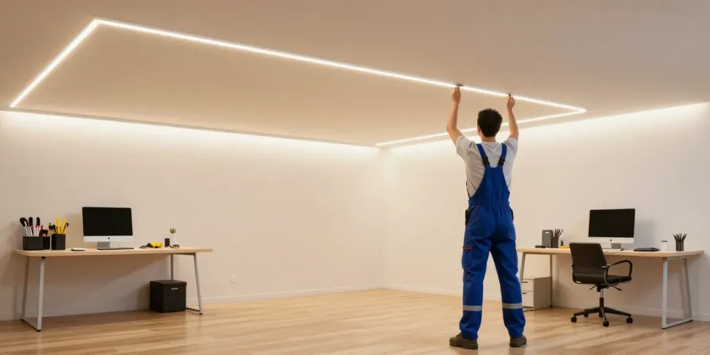 Banda LED pentru iluminat eficient, instalată de un profesionist, în birou modern.