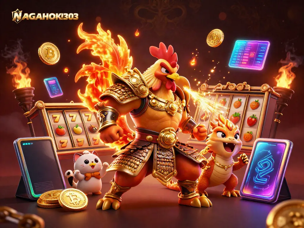 NAGAHOKI303 menampilkan ilustrasi 3D kartun menunjukkan pejuang ayam jantan dalam armor samurai emas berjuang di kasino dengan gulungan slot dan koin crypto.