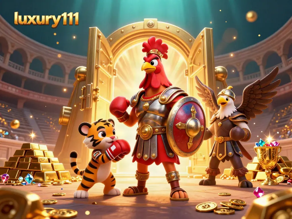 Engage in thrilling gameplay at luxury111 with a vibrant 3D scene of a gladiator rooster and tiger cub.