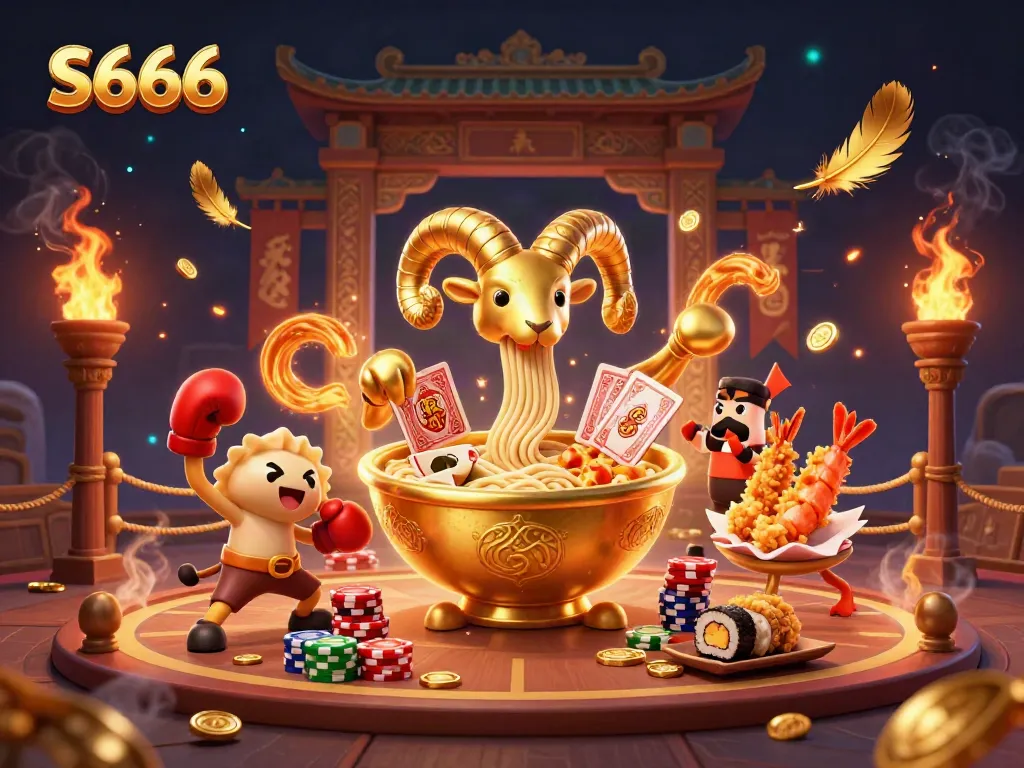 S666 offers vibrant casino action with a giant ramen bowl dealer and lively cheerleaders in a colorful themed scene.