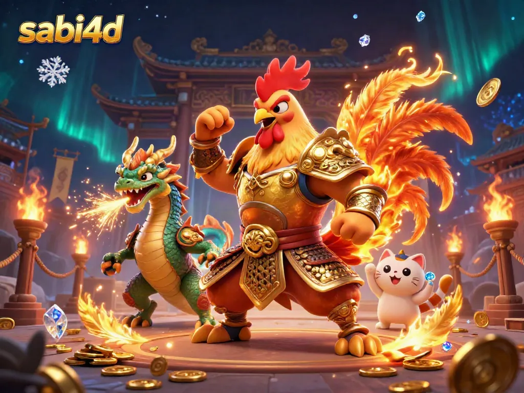 Experience dynamic action with sabi4d in this rich 3D illustration featuring a fighting rooster and dragon in a betting arena.