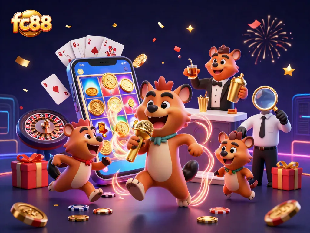 Engage with fc88's lively casino atmosphere featuring hyenas as comedians, bartenders, and bouncers.