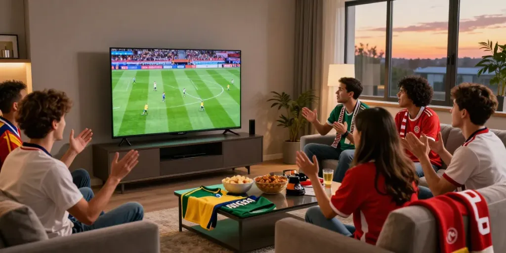 Football fans enjoying the match while following live scores on https://rbtv.io/ in an inviting living room.