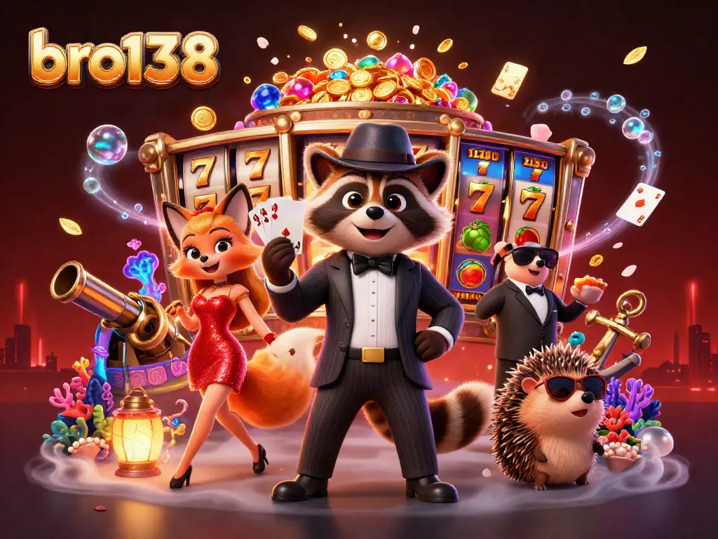 Spin at bro138 with a charming raccoon and fox in a dazzling casino scene!
