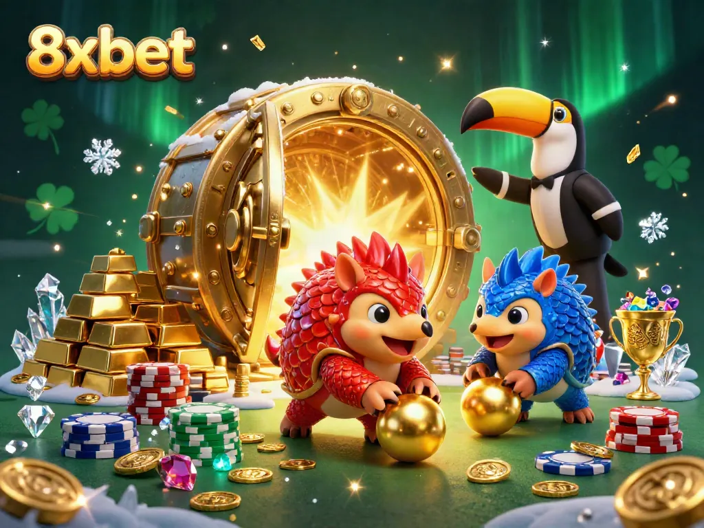 Experience the thrill of 8xbet with dynamic pangolins bowling through poker chips in a vibrant casino scene.