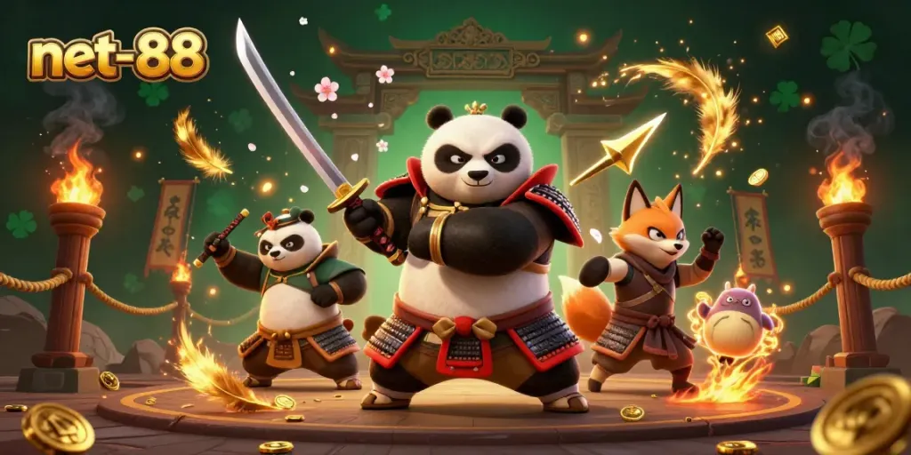 Experience thrilling jackpots at net-88 with a vibrant 3D scene of courageous characters amid dazzling casino elements.