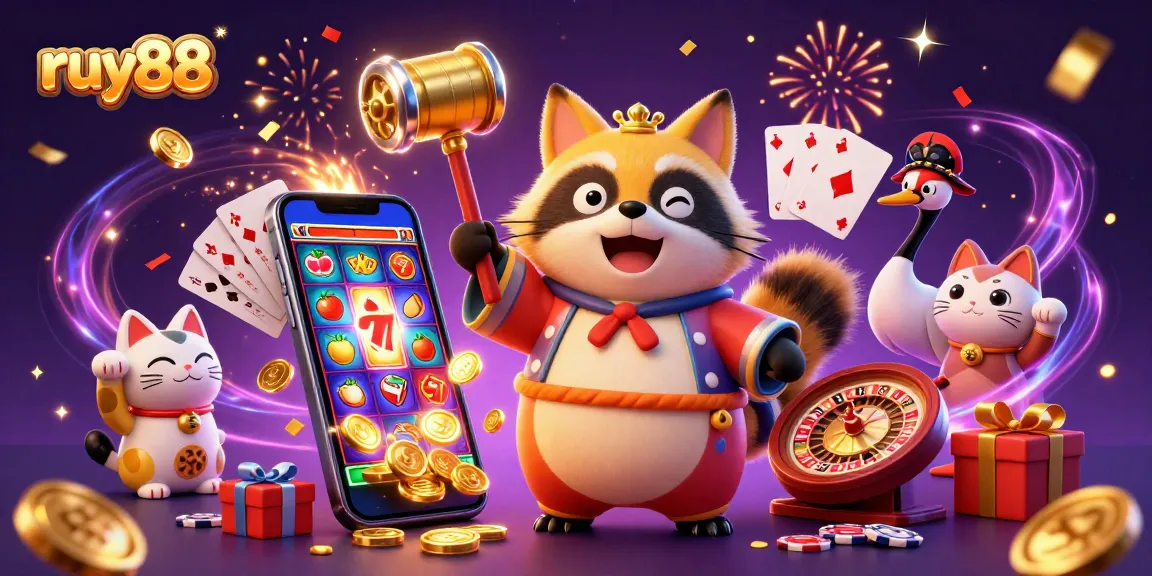 Engage with ruy88's lively casino scene featuring tanuki, fortune cats, and vibrant gaming elements.