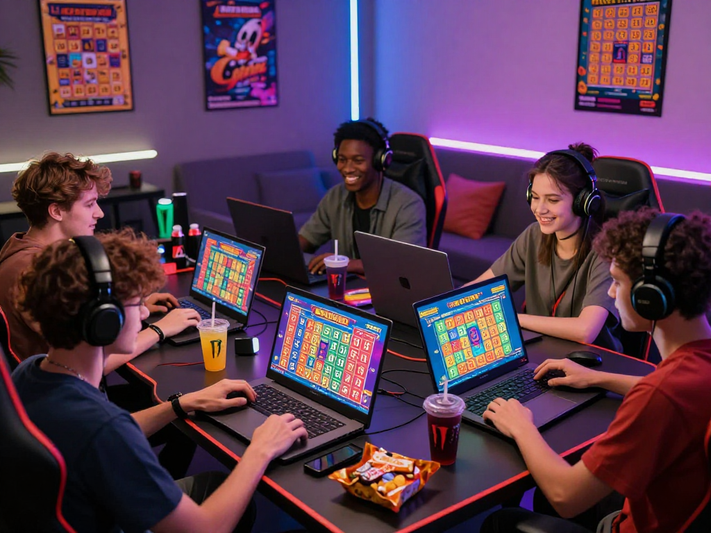 Permainan bandar togel terpercaya dengan pemain bersemangat di laptop, suasana ceria dan interaktif.