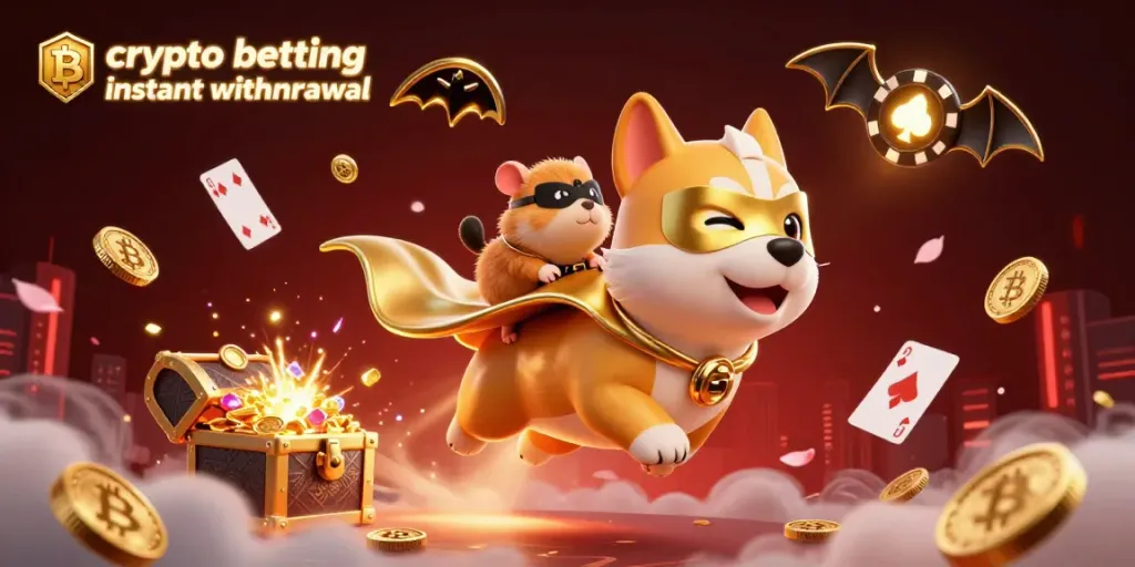 Experience crypto betting instant withdrawal with a superhero dog and hamster in a vibrant casino-themed scene.