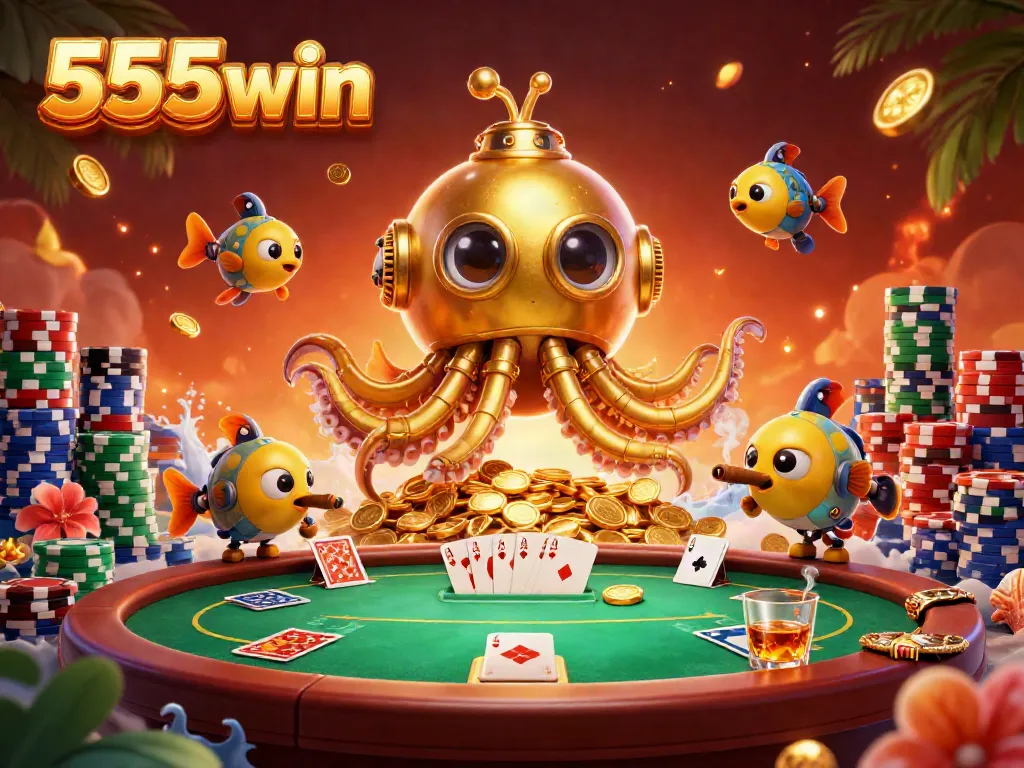 Experience the thrill of 555win with a golden kraken submarine amidst poker excitement and golden coins.