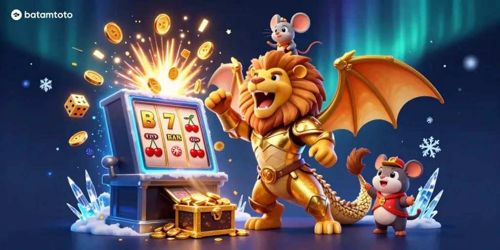 Experience the thrill of batamtoto with a dynamic 3D scene featuring vibrant slot machines and playful characters.