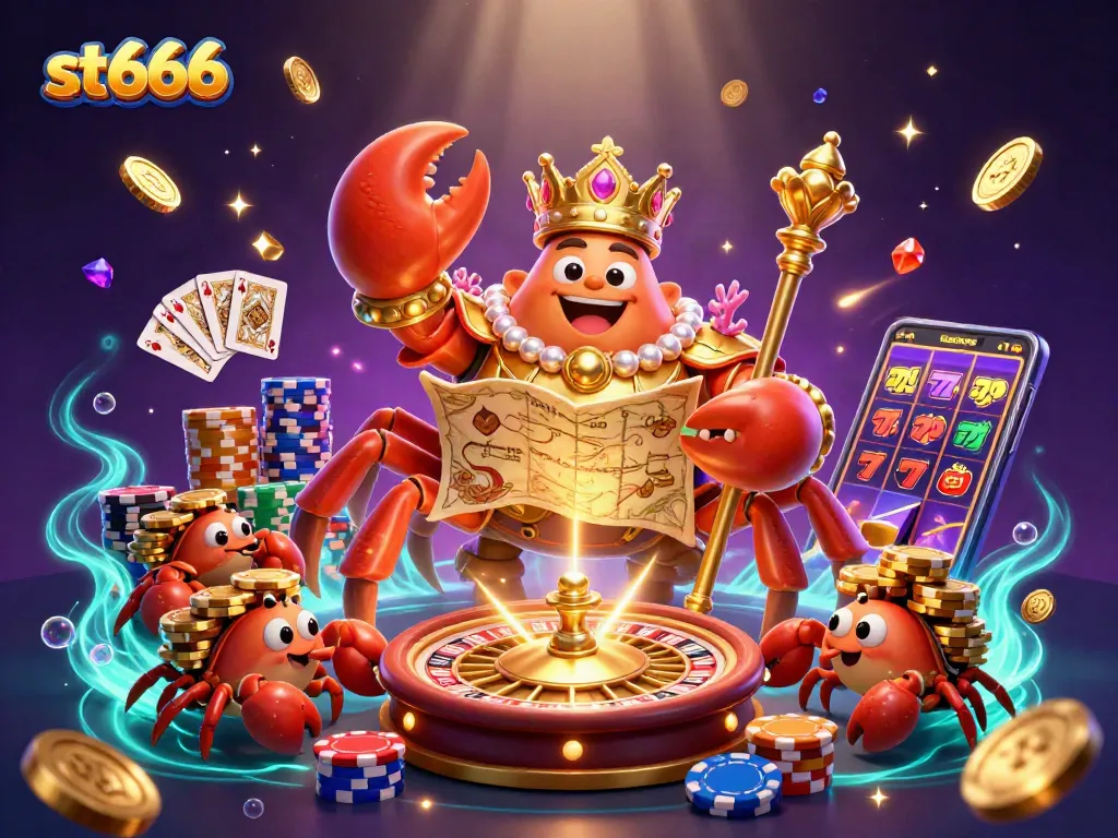 Win big with st666 as a golden crab emperor oversees dazzling slots and poker games in vibrant 3D illustration.