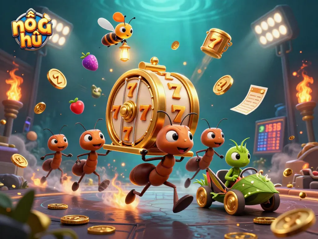 Engage in nổ hũ excitement with 3D ants carrying a giant jackpot slot reel through a vibrant cartoonish tunnel.