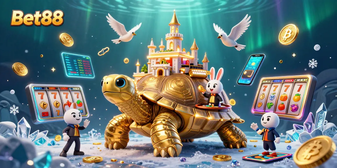 Engage with Bet88's exciting gaming atmosphere featuring a golden tortoise casino and vibrant slot elements.