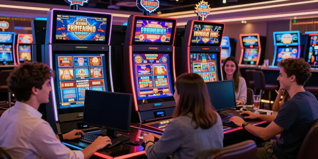 กลุ่มเพื่อนสนุกสนานพร้อมเล่นเกมสล็อตออนไลน์ที่ joker123-slots.org/ ในบรรยากาศคาสิโนสีสันสดใส