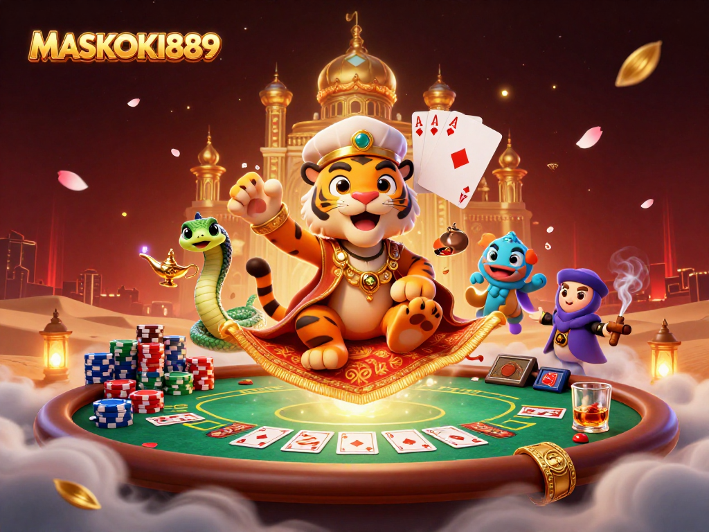 MASKOKI889 showcases an Arabian Nights-themed gambling scene with vibrant casino elements.