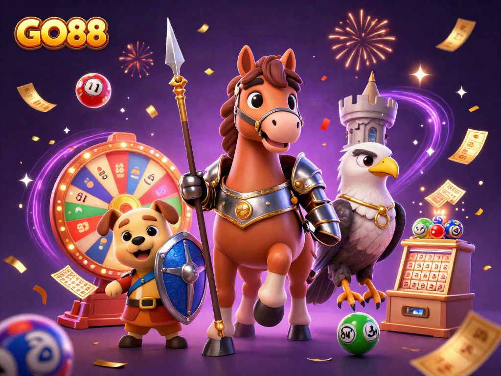 Join the excitement of GO88 with vibrant lottery elements and medieval characters in a festive casino scene.