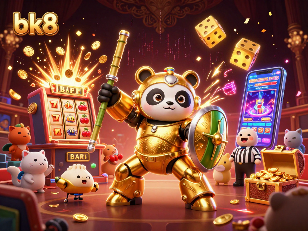 Engage with bk8 in a vibrant casino showdown featuring a golden panda mech and exciting game elements.