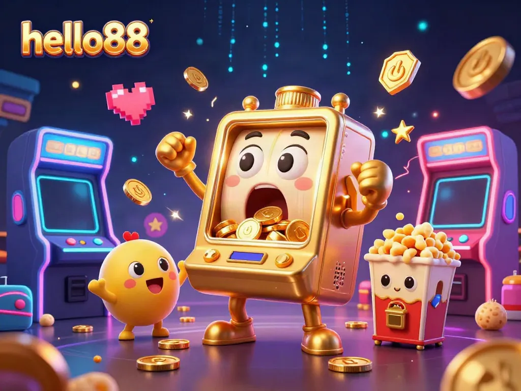Celebrate jackpots at hello88 with vibrant slot machines and golden coins flowing in a lively casino scene.