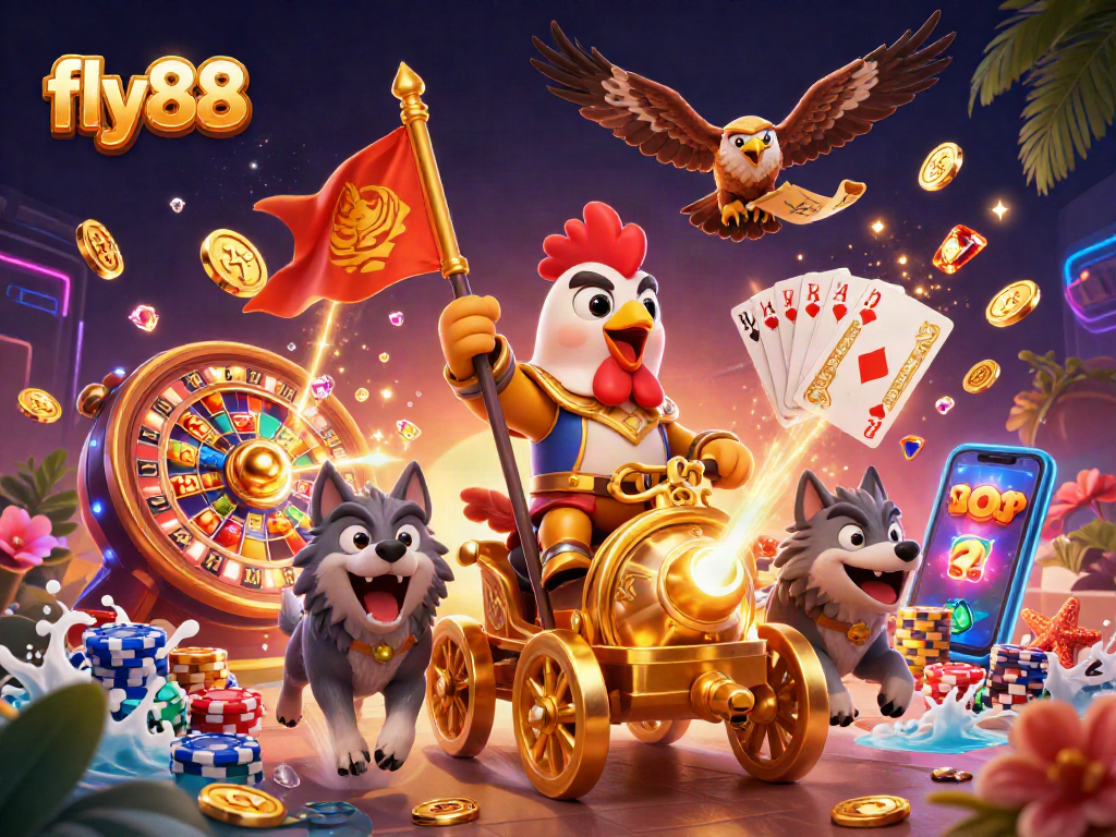 Experience excitement with fly88 as a rooster warlord conquers the casino realm in 3D!