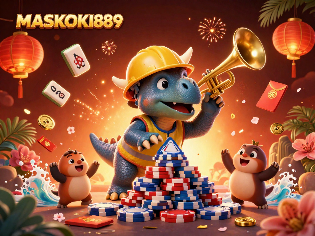 Experience the thrills of MASKOKI889 with dynamic characters celebrating online gambling success and vibrant themes.