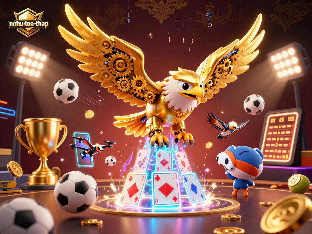 Nohu-toa-thap showcases an exciting gaming experience with a diving golden eagle and dynamic sports elements.