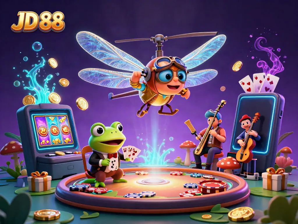 Experience excitement at JD 88 as a dragonfly pilot oversees a lively casino scene.