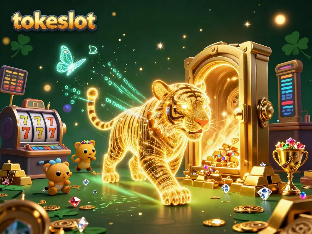 Experience the thrill of playing tokeslot amidst a dazzling digital casino landscape with vibrant symbols and treasures.