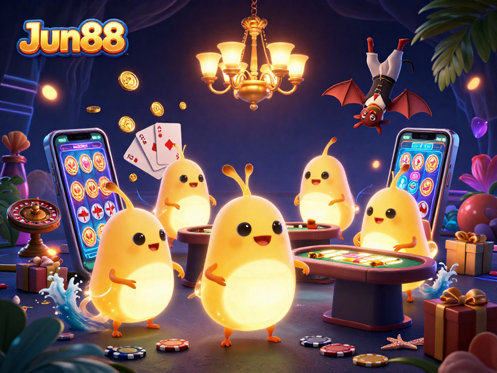 Join the Jun88 adventure with dynamic characters in a vibrant cave casino filled with slot games and excitement.