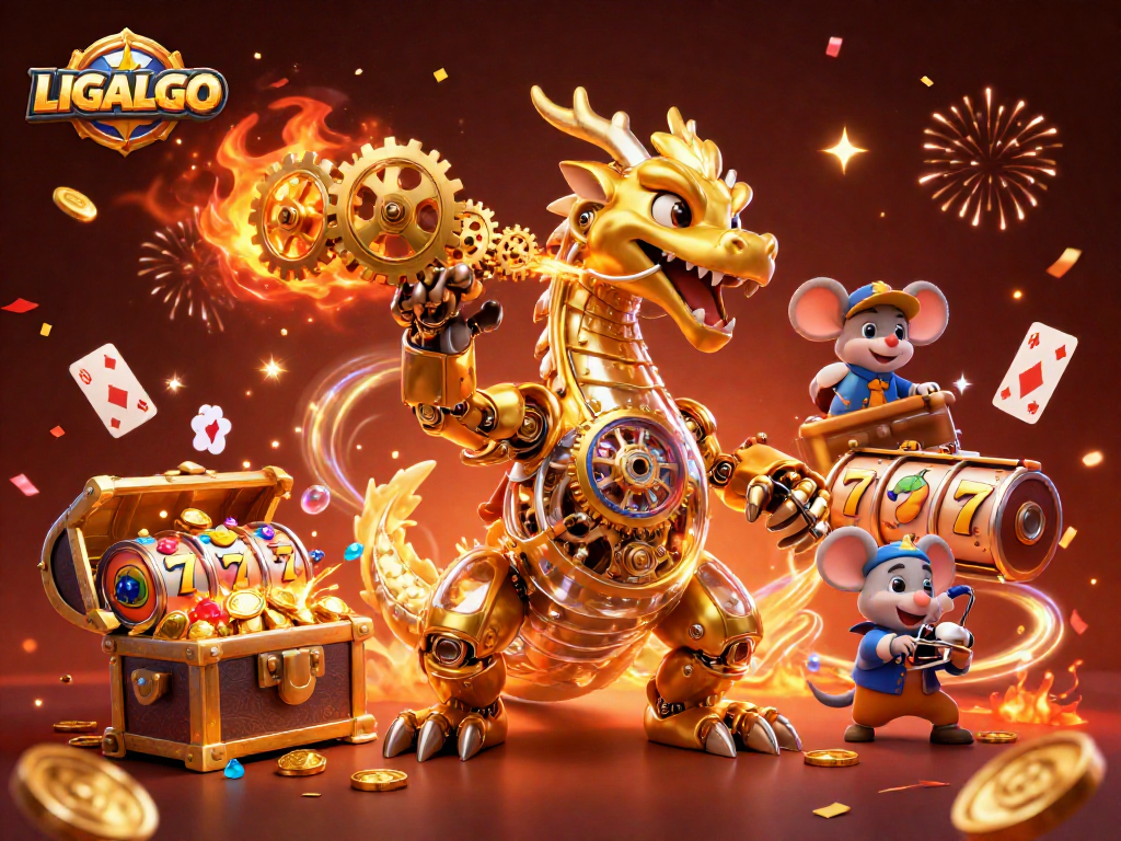 LIGALGO offers an exciting casino experience with a dynamic scene of a golden dragon and slot reels.