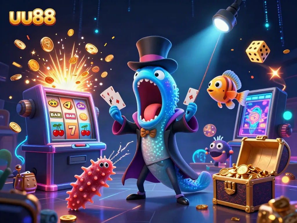 uu88's vibrant 3D illustration showcases a magician eel performing tricks amidst dazzling casino elements, engaging and colorful.