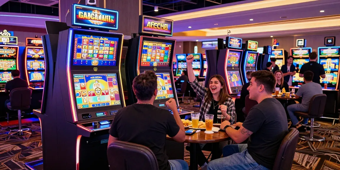 Friends celebrating a big win at a slot gacor 4d machine in a modern casino.