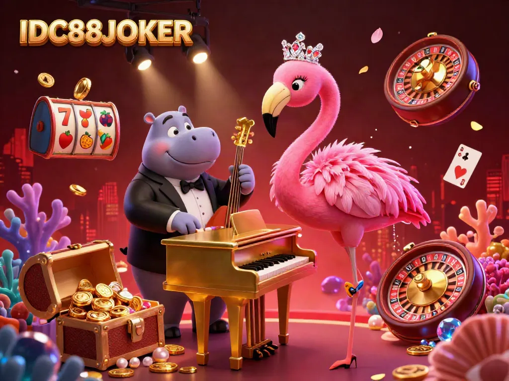 Experience the excitement of IDC88JOKER with a vibrant 3D scene featuring a flamingo singer and lively poker elements.