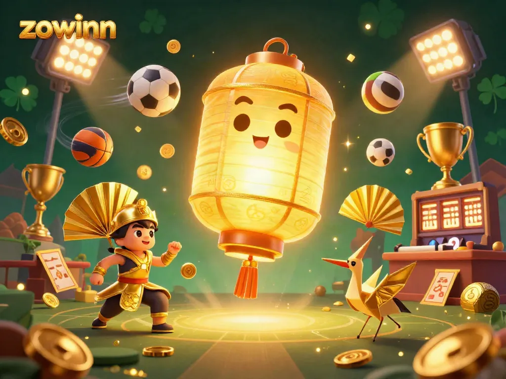 Zowinn casino's vibrant scene with a golden lantern spirit, paper fan warriors, and dynamic sports elements illustrating the essence of gambling excitement.