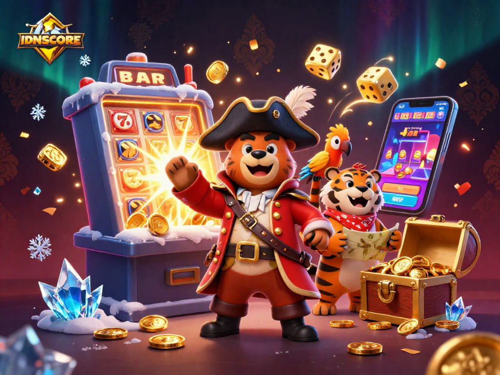 IDNSCORE platform showcases an adventurous scene with a pirate bear and tiger, bursting with casino excitement.
