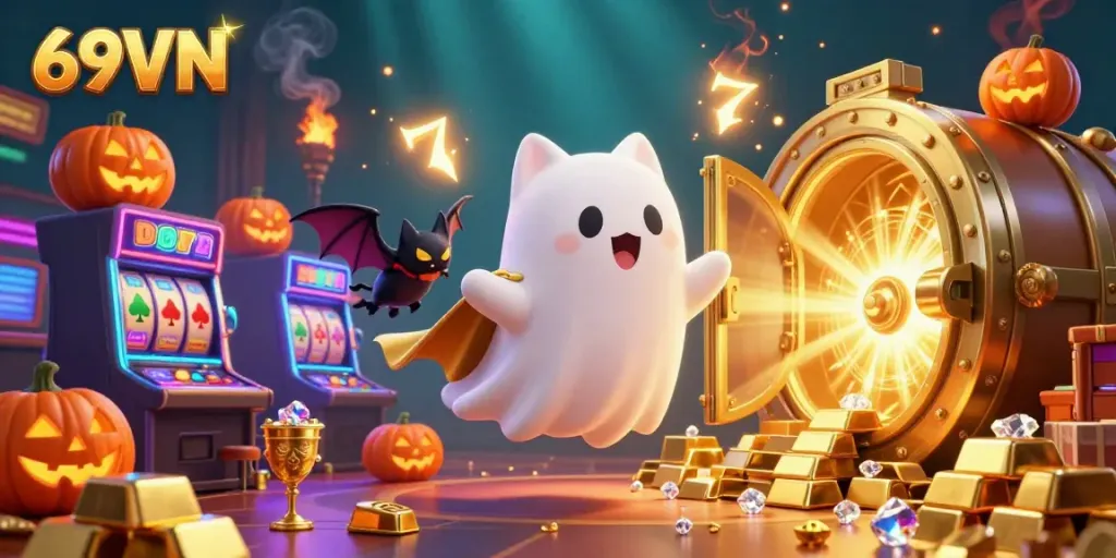 Experience thrilling moments at 69VN with a friendly ghost cat and vibrant slot machines.