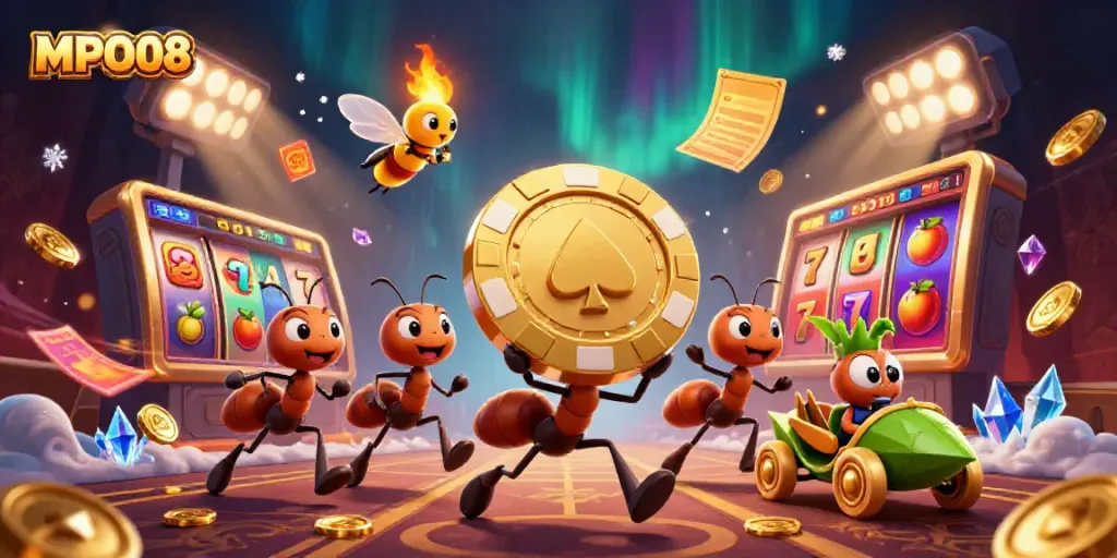 MPO08 gambling scene with ants carrying a golden poker chip amidst slot reels and game elements.