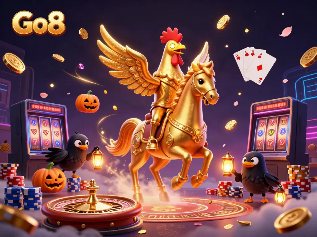 Catch exhilarating Go8 casino action with a golden rooster and spectral horse amid a midnight scene.