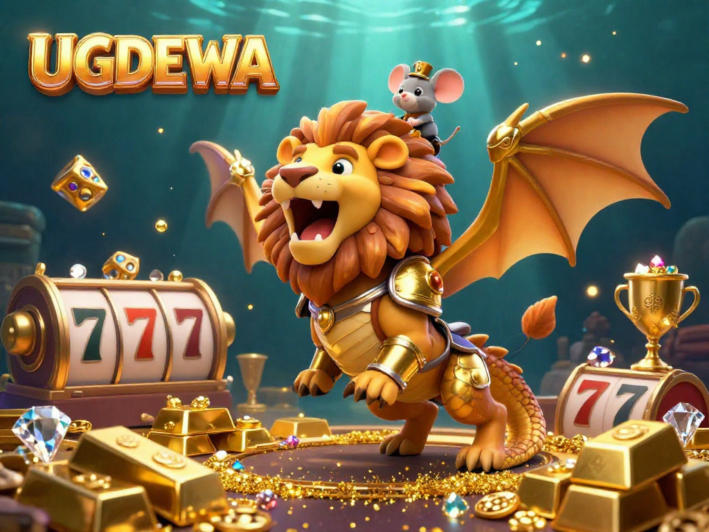 The chimera creature and mouse jockey represent UGDEWA in this vibrant gambling scene rich with slot reels and treasures.