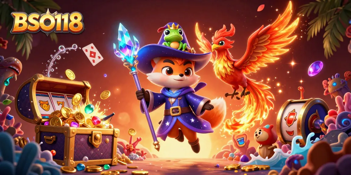 Engage with the mystical world of BSO118 featuring a wizard fox, a phoenix, and vibrant casino elements.