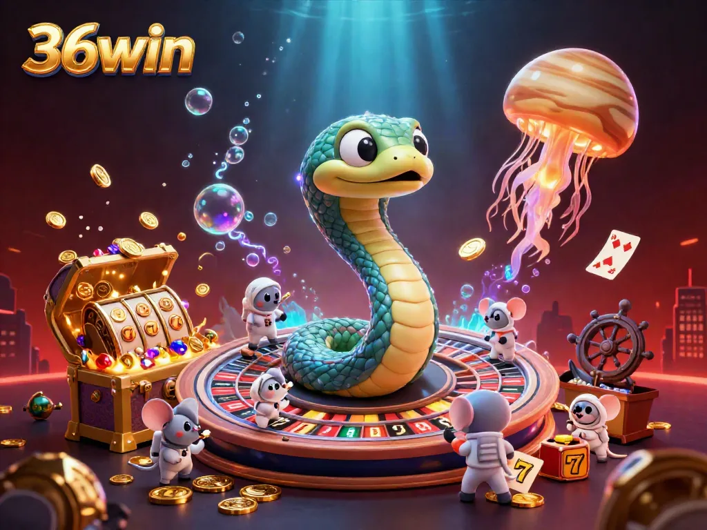 Experience the excitement of 36win with a cartoon-style casino scene featuring Saturn as a roulette wheel.