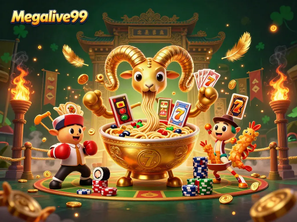 Visualisasi Megalive99 yang menampilkan karakter unik berkaitan dengan permainan slot dan suasana kasino.